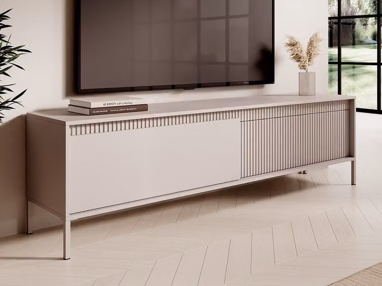 Mueble de TV moderno NURSEMA con 2 puertas en MDF y metal, color beige, An/P/Al: 187.1 x 39.5 x 53.4 cm