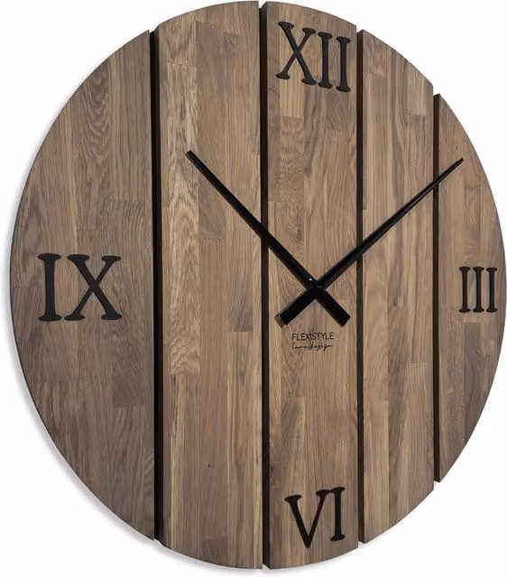 Reloj de pared analógico redondo de madera de Flexistyle en color marrón con mecanismo silencioso, Diámetro: 80 cm