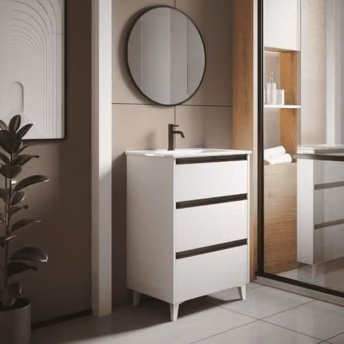 Mueble de baño de suelo B BAÑO TOTAL con puertas y cajones, acabado blanco mate y detalles en negro, An: 70 cm, Al: 82 cm, P: 45 cm