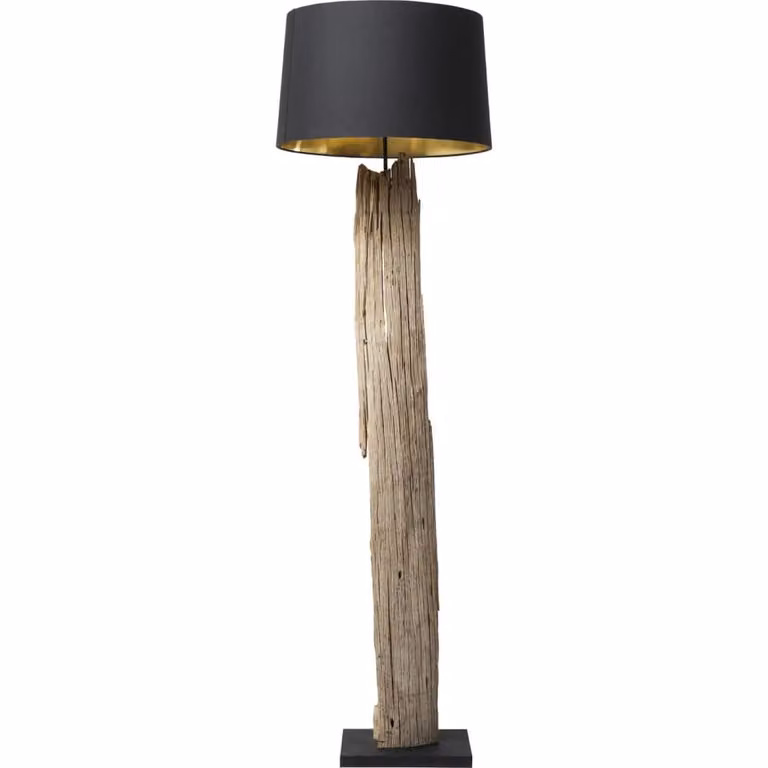 Lámpara de pie Kare Design de madera con pantalla de tela negra y marrón