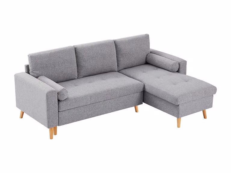 Sofá cama rinconera reversible KORI de tela gris con arcón y estructura de madera de estilo escandinavo
