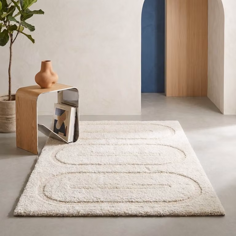 Alfombra interior moderna de Sweeek con motivos geométricos en color beige y poliéster, An/P: 160 x 76,2 cm