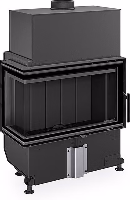 Chimenea de leña esquinera izquierda ROMOTOP Heat F68-31 con puerta lateral y acabado en cerámica negra