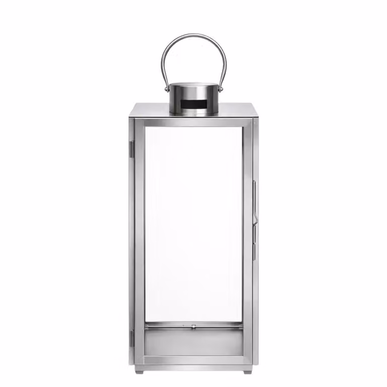 Farol decorativo de mesa Sia Deco en color plata con acabado de vidrio y metal de estilo minimalista, Altura: 50 cm