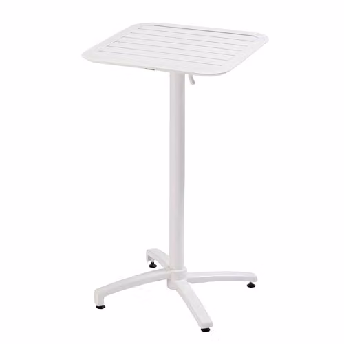 Mesa alta Oviala de aluminio blanco con superficie basculante y regulable An/P/Al: 60 x 60 x 108 cm