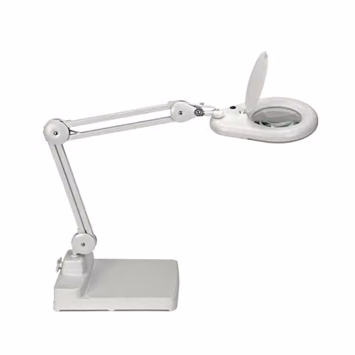 Lámpara lupa LED MAUL blanca con lente de vidrio y base estable para mesa