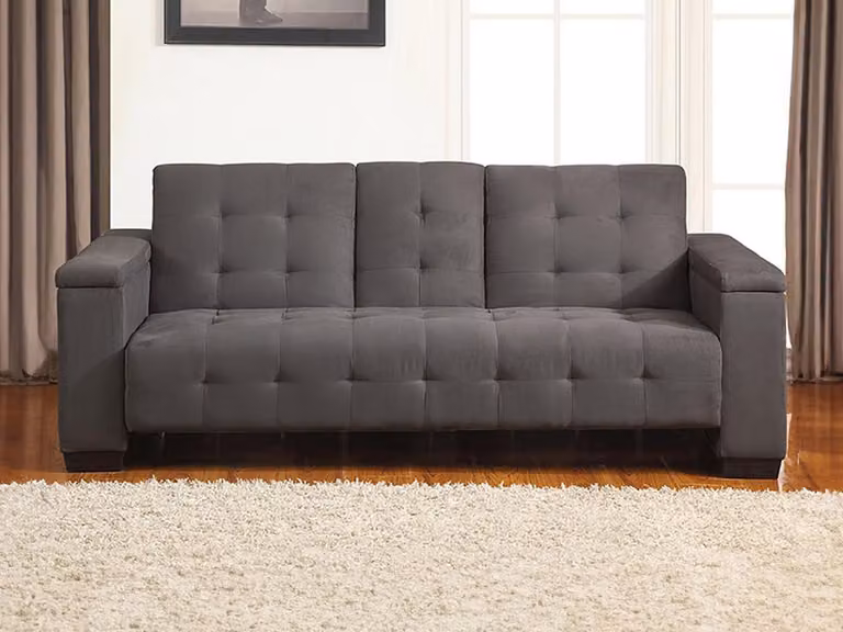 Sofá cama clic-clac DEVONSHIRE de 3 plazas en microfibra gris con estructura de madera sólida y portavasos