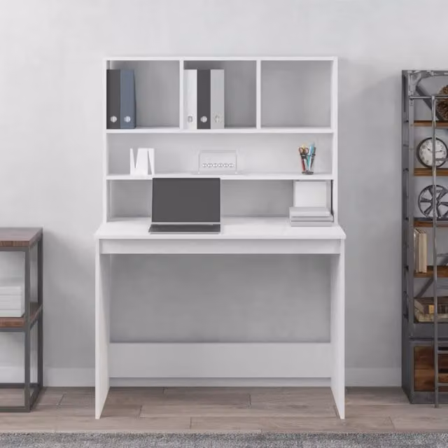 Escritorio de ordenador SYFAX con estantes en madera laminada blanca An/P/Al: 102 x 45 x 148 cm