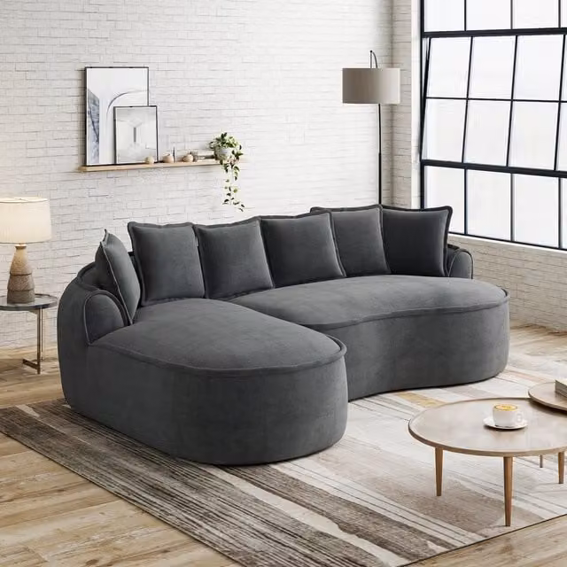 Sofá Cloud KELLANY en forma de L con chaise longue, tapizado en tela chenilla gris, con asiento extra profundo, reposabrazos anchos y cojines incluidos