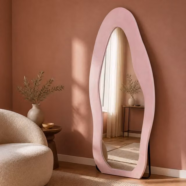 Espejo de cuerpo entero LunaMirror Cleo con forma de nube y borde acolchado de terciopelo, rosa, An/P/Al: 160 x 60 cm