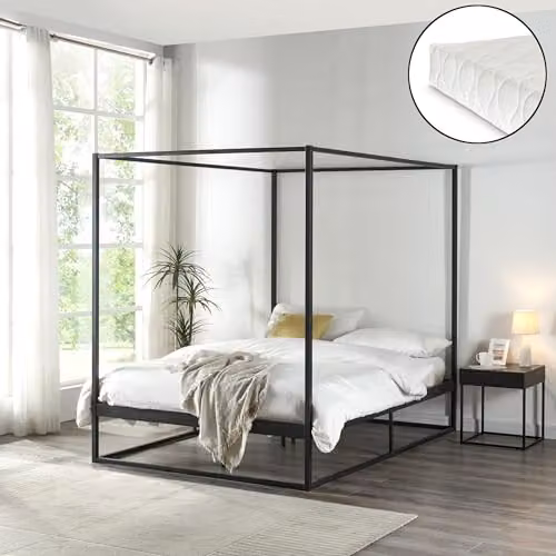 Conjunto de cama con baldaquín en metal y colchón de espuma fría en color negro de en.casa, An/P/Al: 140 x 200 cm