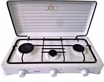 Cocina de gas portátil para camping MPM KN-03/1K con 3 quemadores y rejilla de acero esmaltado, color blanco
