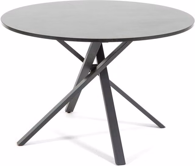 Mesa redonda moderna con tablero laminado efecto granito en gris y patas de metal negras Diámetro: 110 cm