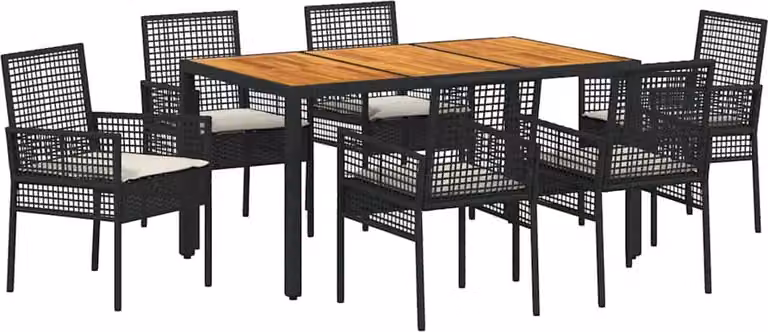 Conjunto de comedor de jardín Syfax de 7 piezas en ratán sintético y madera de acacia color marrón y negro