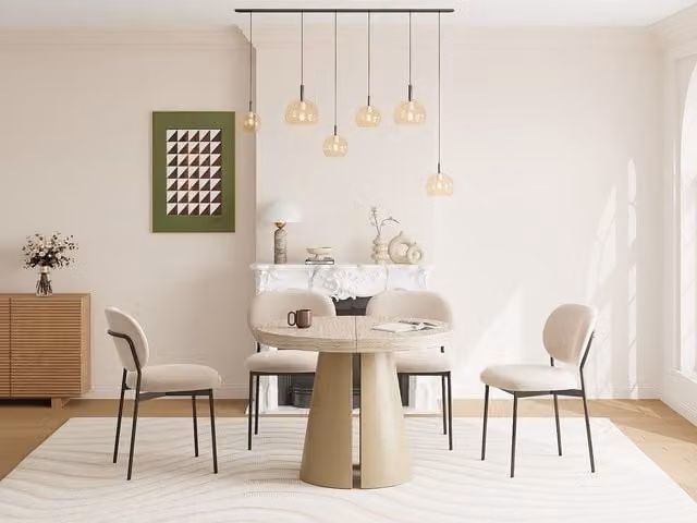 Mesa de comedor extensible Jarelia en MDF y metal con efecto travertino beige, An/P/Al: 120 x 100 x 76 cm