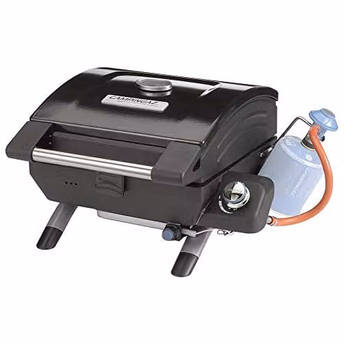 Barbacoa de gas de sobremesa Campingaz en color gris y negro con termómetro y rejilla de hierro fundido