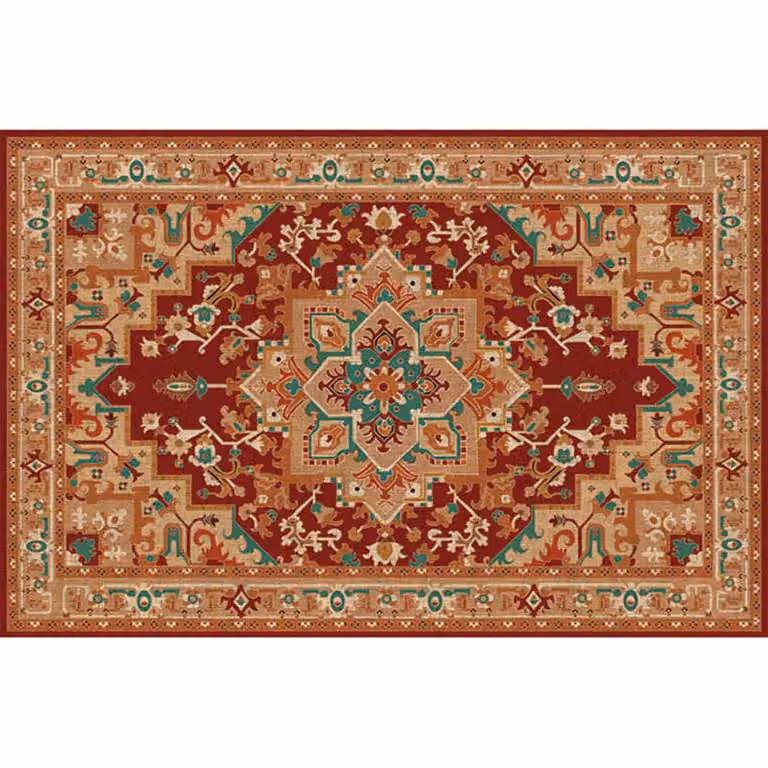 Alfombra vinílica de estilo oriental imitación persa en color rojo, lavable y antideslizante, An/P: 295 x 195 cm