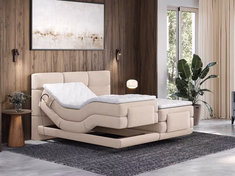 Conjunto Boxspring LODI de PALACIO con cabecero tapizado, somieres relax eléctricos, colchón de muelles ensacados y cubrecolchón, color beige, An/P/Al: 80 x 200 x 168 cm (2 unidades)