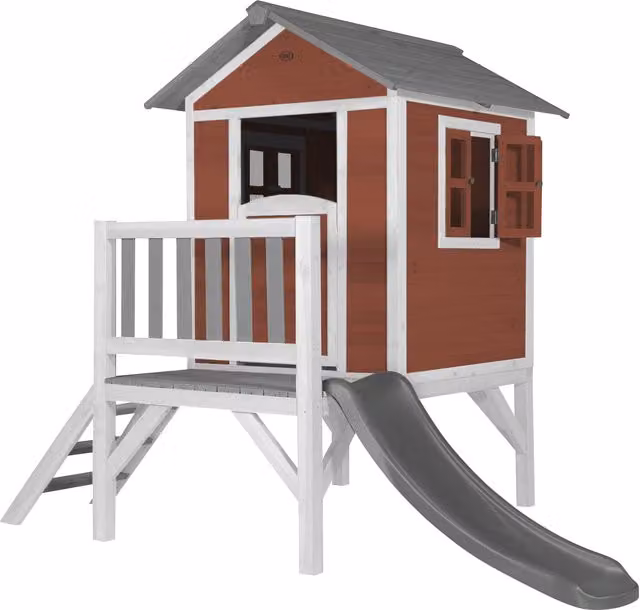 Casa de juegos de madera AXI Beach Lodge XL roja con tobogán gris para niños