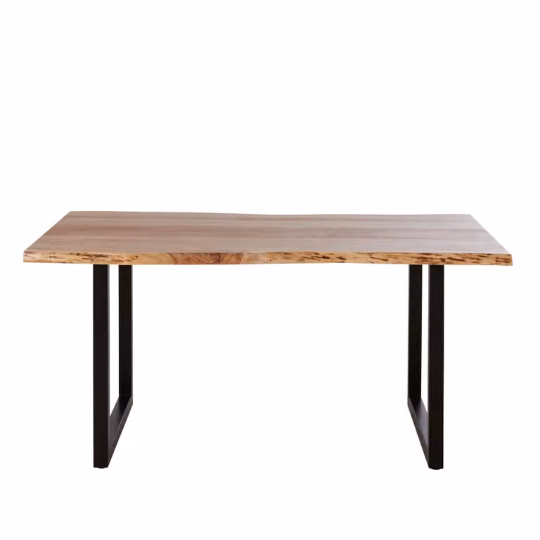 Mesa de comedor rectangular de acacia maciza y metal de Maisons du Monde en color marrón y negro con acabado live edge y estilo industrial