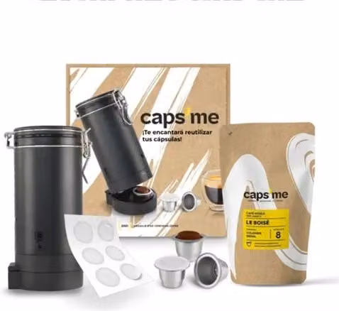 Pack Caps Me: Coctelera de acero inoxidable negra, 3 cápsulas reutilizables compatibles con Nespresso y 102 tapas de papel de café arábica (200 g)
