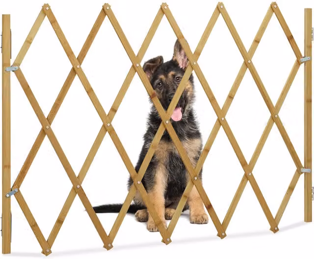 Barrera de seguridad para puertas y escaleras Relaxdays de bambú extensible hasta 116,5 cm, Altura: 82,5 cm, Marrón