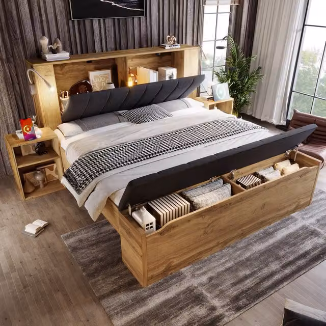 Cama Doble Redom con Base de Elevación, Lámparas de Lectura USB y Estantes Integrados, Estructura de Metal y MDF, Color Marrón, 180x200 cm