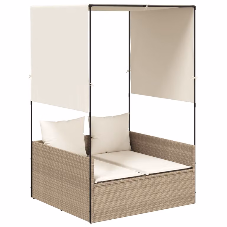 Tumbona doble con techo y cortinas vidaXL en ratán sintético beige para jardín