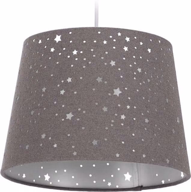Lámpara colgante infantil relaxdays con pantalla redonda de tela gris y diseño de cielo estrellado, compatible con bombilla E27 de máx. 60 W, Al: 122 cm, Diámetro: 27 cm