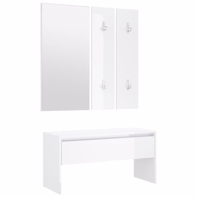 Set de muebles de recibidor vidaXL con espejo, banco, estante de pared y zapatero en blanco brillo y madera MDF