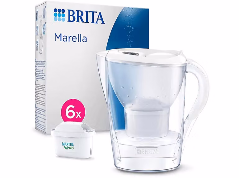 Jarra filtrante Brita Marella blanca de 2,4 l con tapa abatible y 6 cartuchos MAXTRA PRO All-in-1