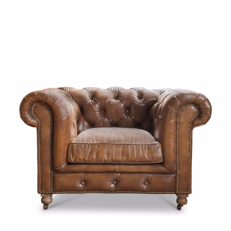 Sillón Chesterfield de cuero marrón para salón con reposabrazos y núcleo de muelles integrado