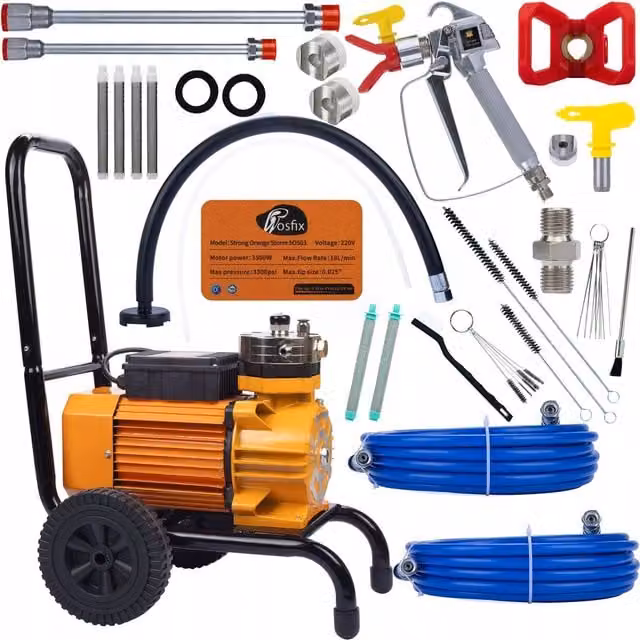 Pulverizador airless ROSFIX con lanza de extensión y kit de limpieza en color azul para pintura de paredes, lacas y barnices