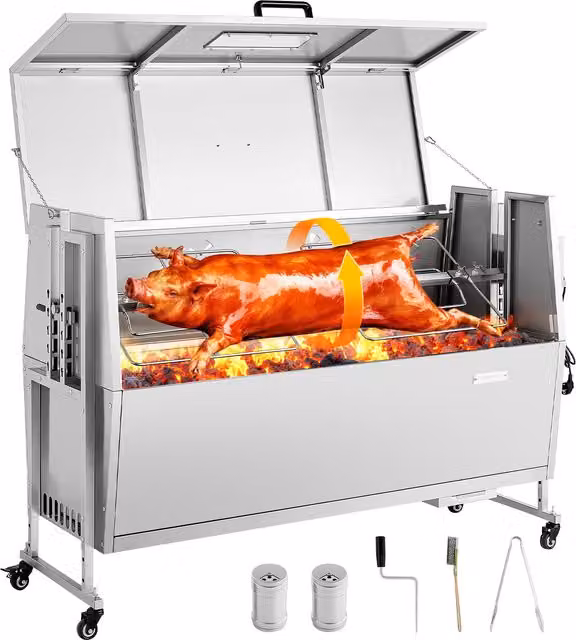 Asador giratorio de carbón VEVOR en acero inoxidable color plata con motor de 38 W, ruedas y capacidad de carga de 60 kg