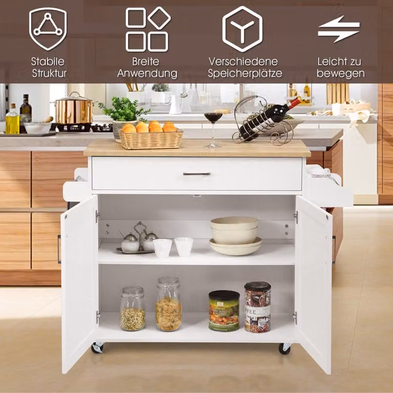 Carrito de cocina Northix moderno en color blanco con estante ajustable y ruedas con freno
