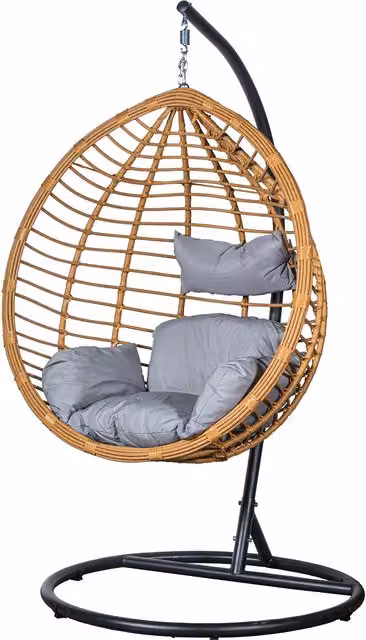 Silla colgante tipo huevo FIJALO de ratán artificial y metal en color marrón con cojines incluidos para jardín o terraza