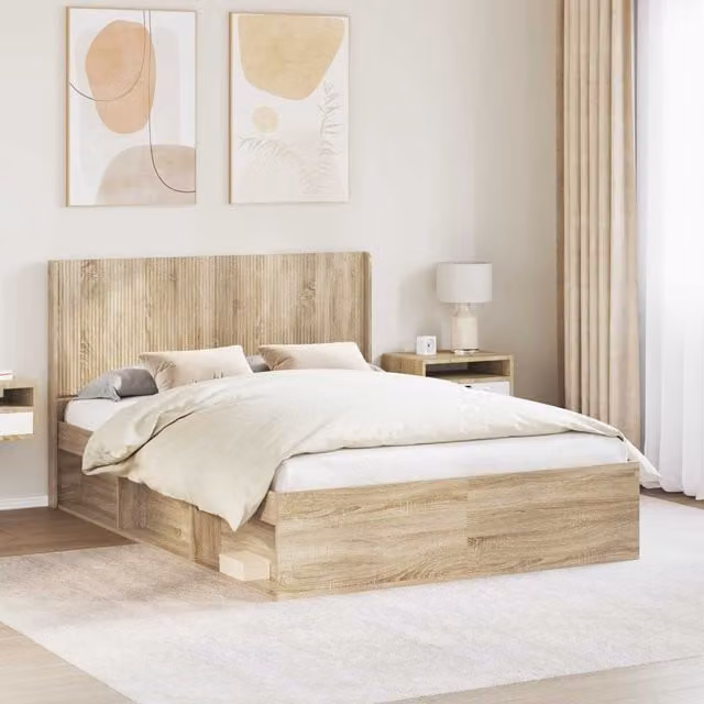 Estructura de cama con almacenamiento y cabecero Maison Exclusive en color roble sonoma, An/P/Al: 120 x 200 x 126,5 cm