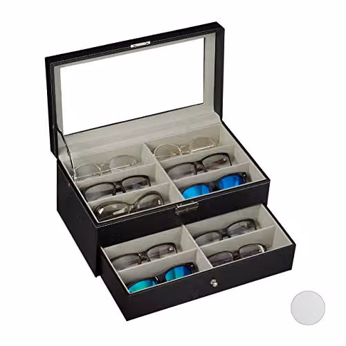 Organizador de gafas Relaxdays con 12 compartimentos en cuero sintético y cristal, color negro, An/P/Al: 33,5 x 15,5 x 19,5 cm