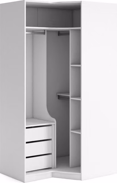 Armario rinconera derecha Mio de El Corte Inglés en color blanco con puertas abatibles, cajones internos, baldas y barras para colgar