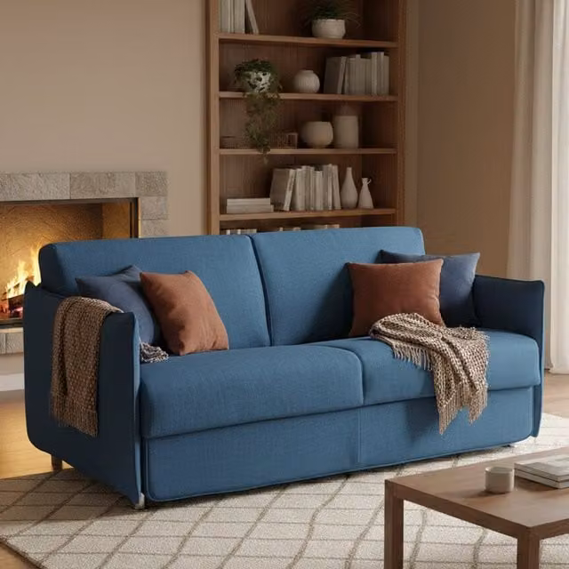 Sofá cama de 2 plazas Trissino DMORA en azul, con fundas desenfundables y apertura abatible, fabricado en Italia