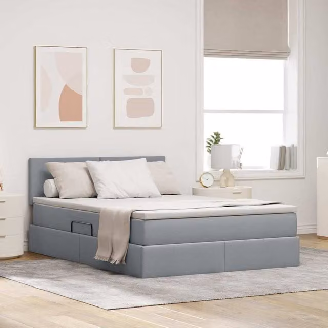 Cama de almacenamiento Maison Exclusive con colchón y luz LED en gris claro, An/P/Al: 140 x 200 x 44 cm