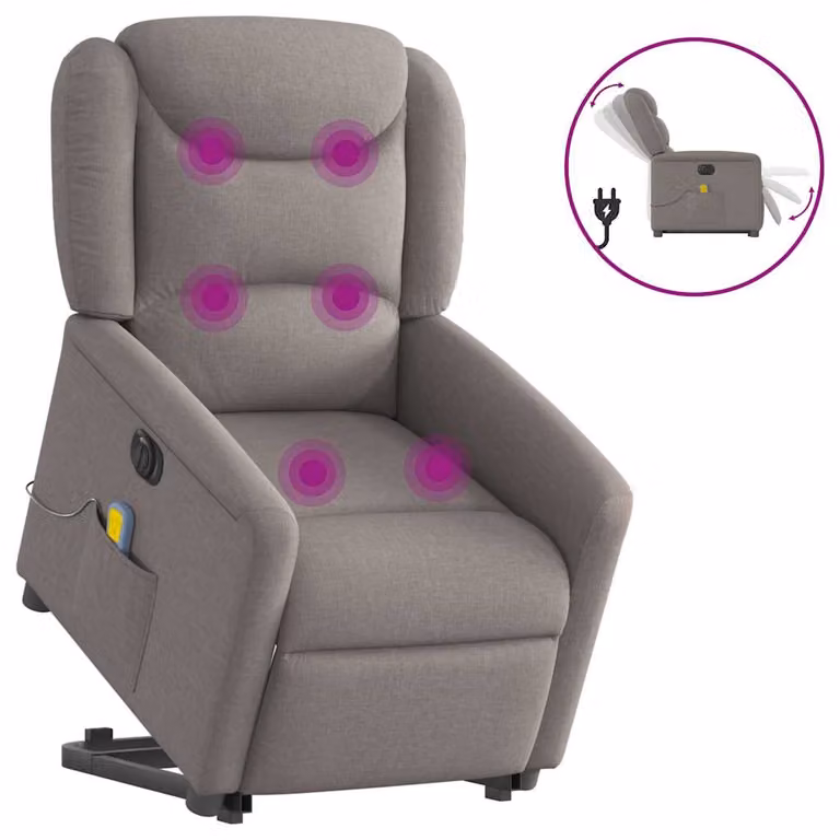 Sillón de masaje eléctrico reclinable y elevable vidaXL en tela color taupé con reposabrazos y diseño moderno para mayores