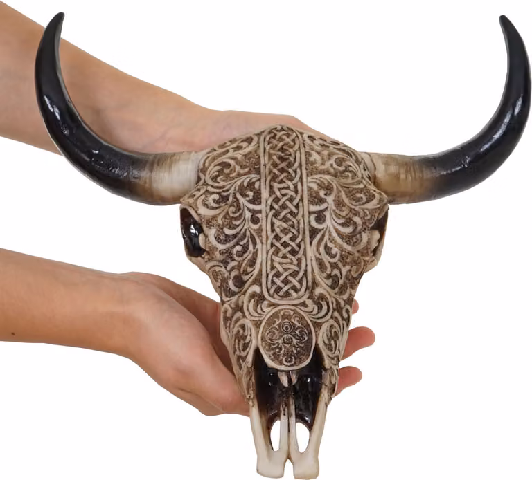 Cráneo decorativo de toro longhorn Mendler estilo tribal boho en color marrón para interior y exterior, Altura: 31 cm