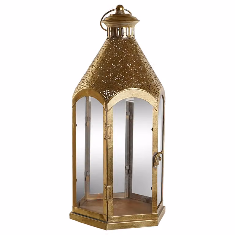 Farol hexagonal colgante de La Loja de Ana en metal y cristal color dorado envejecido con diseño floral, Altura: 48 cm