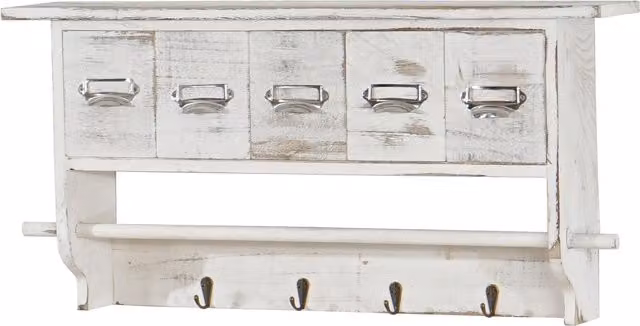 Perchero de pared HHG 355 con estante y 5 cajones estilo vintage shabby chic en color blanco, An/P/Al: 65 x 32 x 13 cm