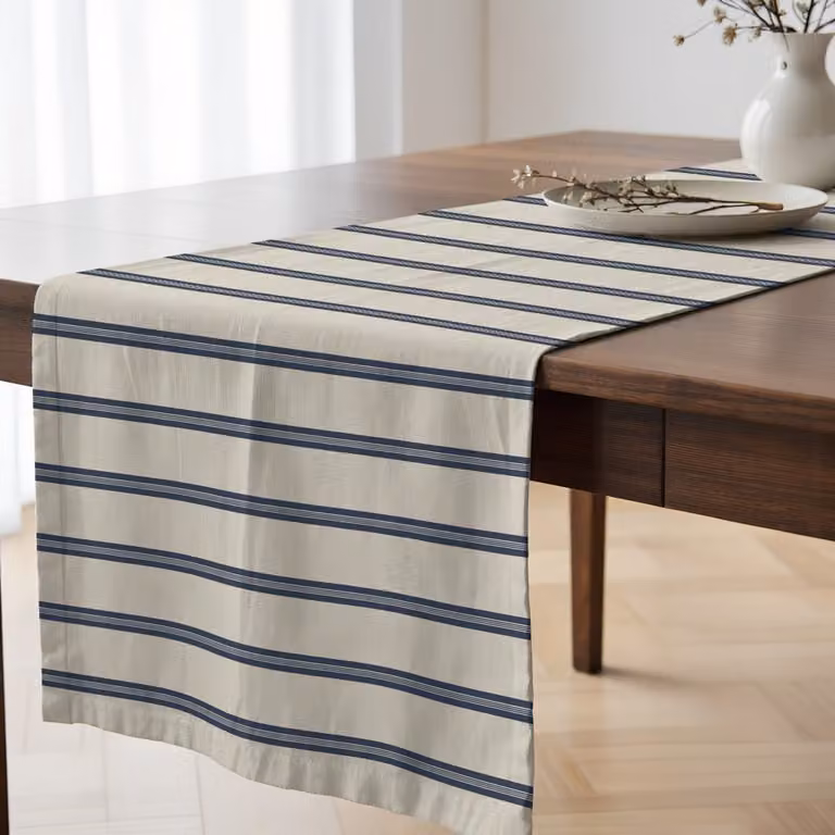 Camino de mesa de algodón orgánico Muare Home con diseño de rayas en beige y azul, An/P: 50 x 150 cm