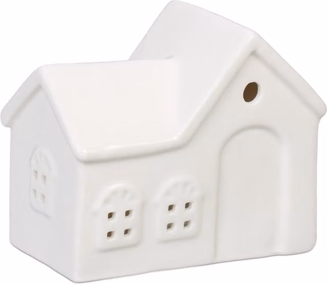 Portavelas en forma de casa de porcelana blanca Relaxdays para vela de té, An/P/Al: 9 x 11 x 6 cm