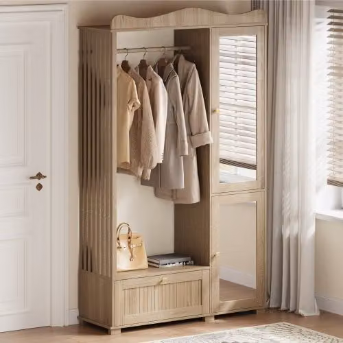Armario WISHDOR moderno de madera MDF con espejo y cajones en color marrón veta roble, An/P/Al: 115,5 x 38,5 x 194,5 cm