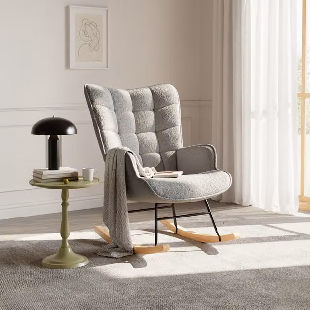 Sillón Mecedora NAHILIMI Tapizado en Tejido Borreguito con Respaldo Alto Acolchado y Patas Efecto Madera, Gris, An/P/Al: 75 x 68 x 92 cm