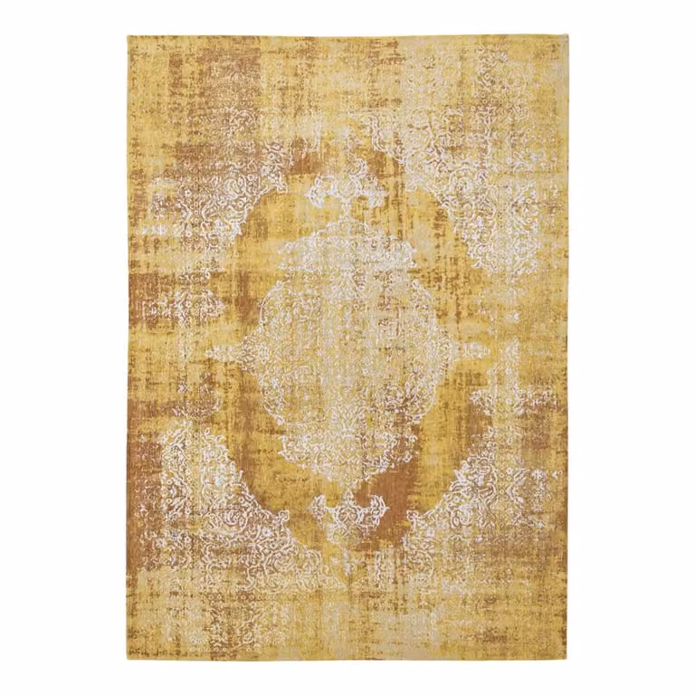 Alfombra Kirman de Louis de Poortere, diseño abstracto vintage en color amarillo, An/P: 80 x 150 cm
